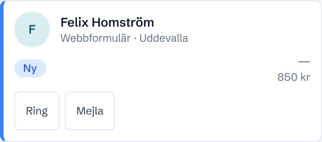 Lead: Felix Homström, Webbformulär · Uddevalla, Ny, 850 kr