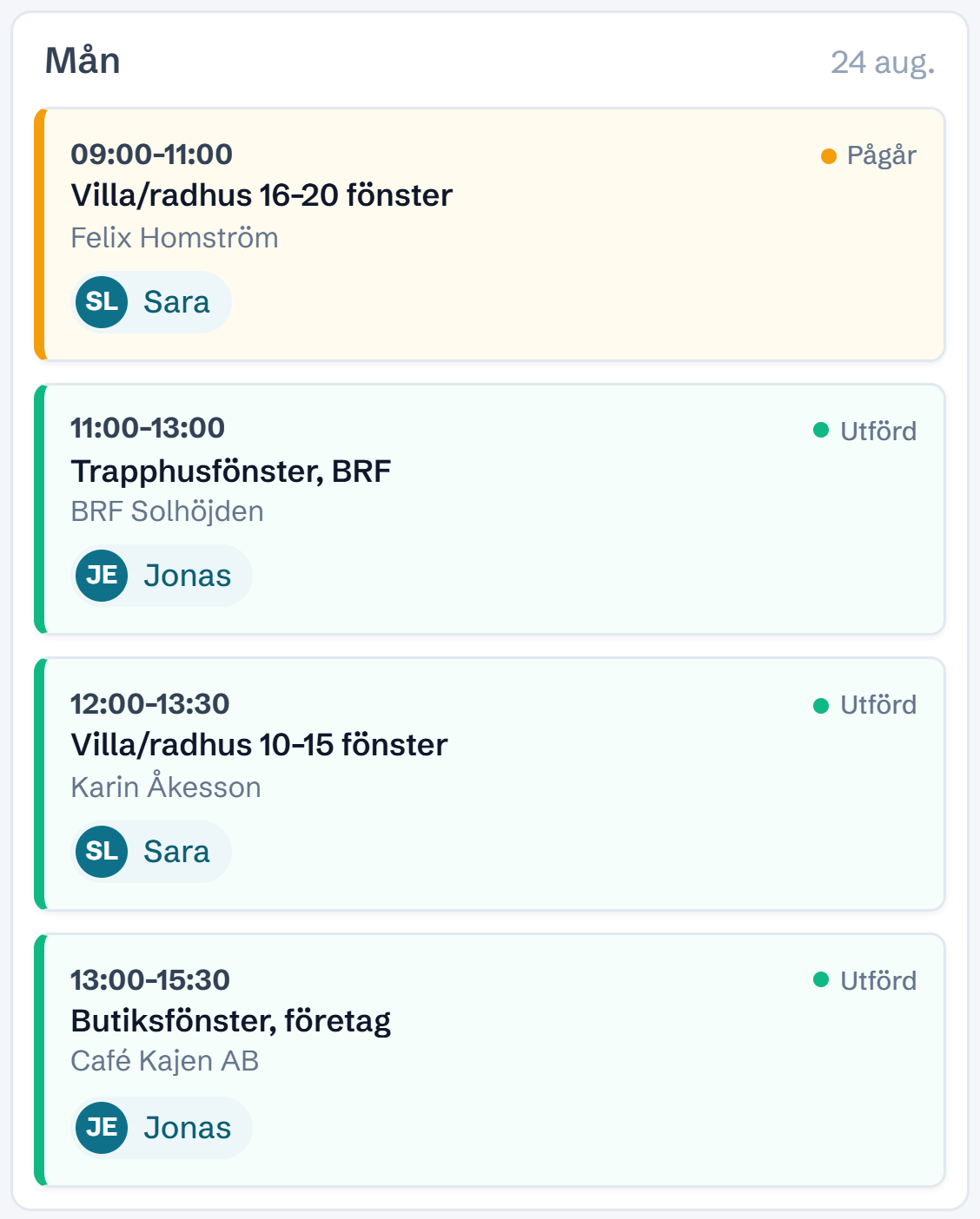 Schemat i mobilen, måndag 24 augusti: 09:00–11:00 Villa/radhus 16–20 fönster, Felix Homström, Pågår, Sara; 11:00–13:00 Trapphusfönster BRF, BRF Solhöjden, Utförd, Jonas